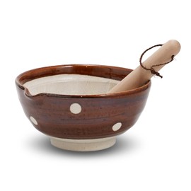 Mino Ware Sesame Grinder Bowl with Pestle, 7 inches - Durable Ceramic with Retro Dotted Pattern, Versatile for Dressings and Sauces (Brown, Large)