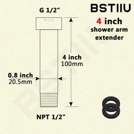 Shower Arm Extender, BSTIIU 4 Inch Shower Head Extension Arm, Female to Male NPT 1/2 Inch Straight Shower Arm, Chrome