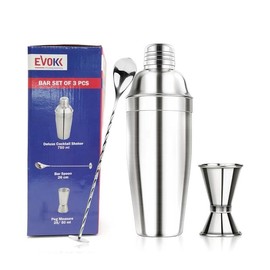 EVOKK Cocktail Shaker Set, 3 Pcs Satinless Steel Cocktail Making Set with 750 ml Shaker, Double Jigger 25 & 50 ml & 27.5cm Mixing Spoon, Baternder Cocktail Kit for Home, Christmas & Party