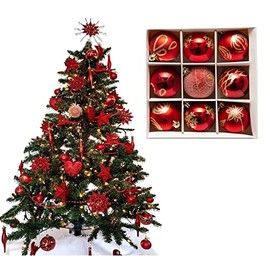 9pc Luxury Premium Baubles, Christmas Tree Bauble Decorations Matte, Glitter, shiny & Frosted (6cm) (Red)