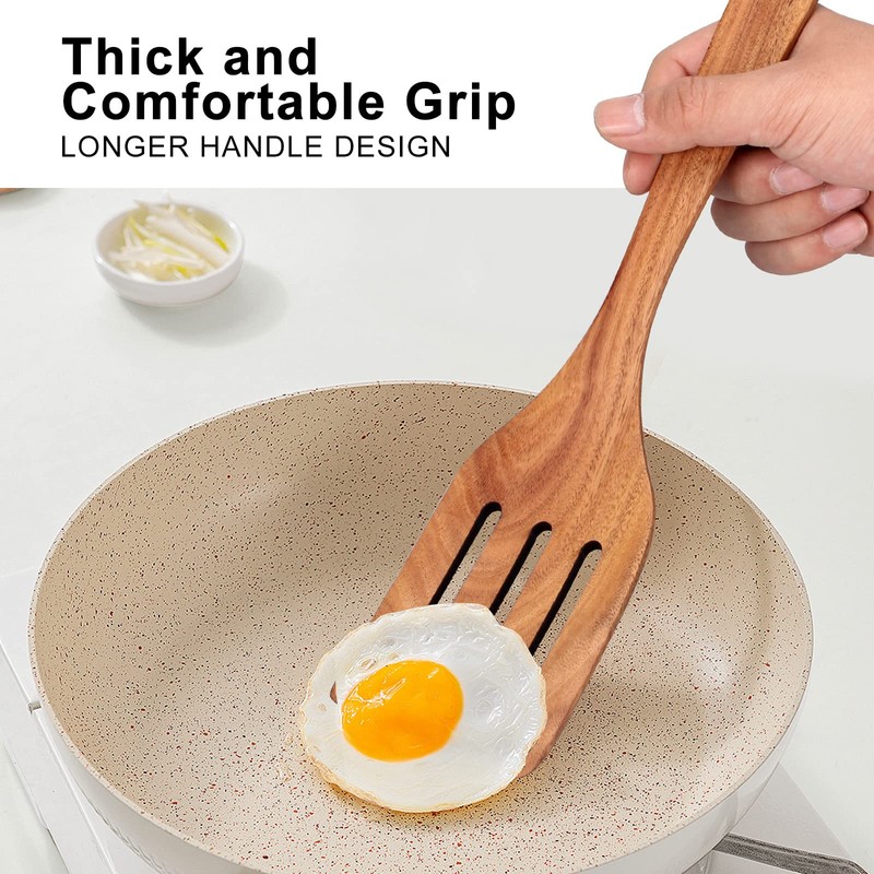 6 Pcs Best Flat Wood Spatula Set Teak Wooden Spoon
