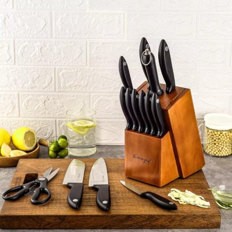 Kitchen 15-Piece Kitchen Knife Set,Sharpener Wooden Block,Serrated Steak Knives,Black