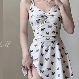 New 2025 Women's Fashion Butterfly Polyester Sling One-Piece Skirt Bikini for Body Shaping Size M (45.00-50.00 Kg / 2552 Beige (Polyester Material)) 5ea