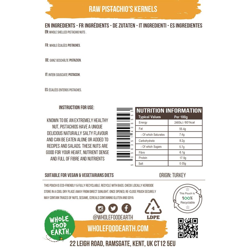 Wholefood Earth Raw Pistachio's Kernels 250 g | GMO Free