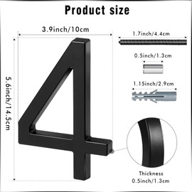 VONDERSO 6 Inch Floating House Numbers and Letters for Outside,Black Metal Modern Outdoor Address Sign for Yard Street and Mailbox, Zinc Alloy Solid Address Numbers and Letters,number 4