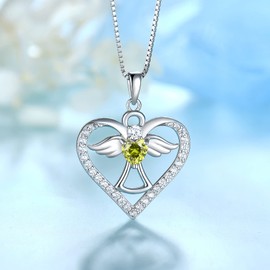 FJ Heart Guardian Angel Pendant Necklace 925 Sterling Silver Angel Wing Necklace Peridot August Birthstone Necklace Jewellery Gifts for Women Girls