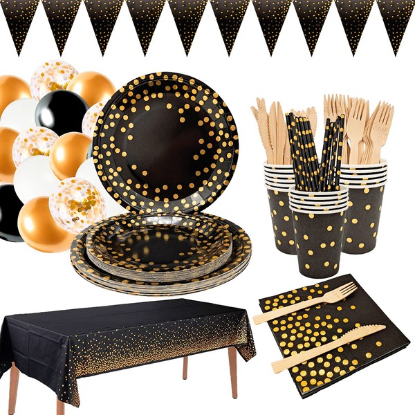 Black and Gold Party Tableware, Party Tableware Set, Gold Foil
