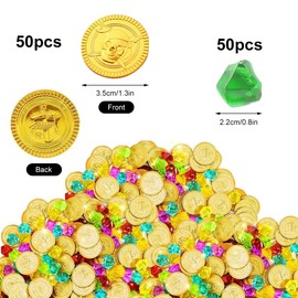 Pirate Treasure, Pirate Gold Coins, Pirate Treasure, Gold Coins Toy, Pirate Treasure Children's Birthday, 50 Gold Coins & 50 Gemstones, for Pirate Decoration Children's Birthday, Treasure Chest