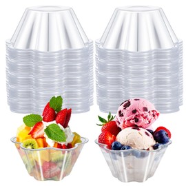 200 PCS Small Clear Plastic Bowls – 8 OZ Disposable or Reusable Flower-Shaped Dessert Bowls for Ice Cream, Appetizers, Snacks, Candy, Salad, Party & Wedding