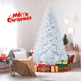 GLOBALWAY 9FT White Christmas Tree, Artificial Xmas Tree with 2132 Branch Tips, Solid Metal Legs, Flocked Pine Christmas Tree Ideal for Home Office Party Holiday, Easy Assembly