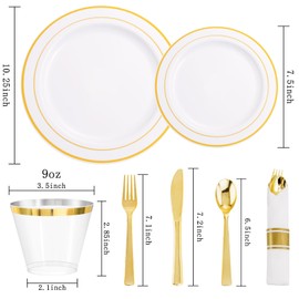 DaYammi 350PCS Gold Plastic Dinnerware Set for 50 Guests, Fancy Disposable Plates for Party, Include: 50 Dinner Plates, 50 Dessert Plates, 50 Pre Rolled Napkins with Gold Silverware, 50 Cups