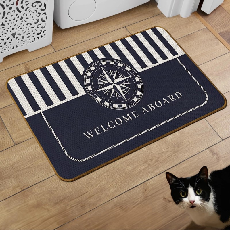 Skiptiger Nautical Navy Blue Compass Doormat,Welcom