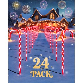 COOLWUFAN 24 Pack Christmas Candy Cane Pathway Lights, Outdoor Christmas Decorations Path Lights with Red LED, Candy Cane Yard Markers for Walkway, Lawn, Garden, Patio, Holiday Landscape Path Décor