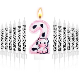 13 Pcs Cow Themed Birthday Candles - 0 to 9 Pink Cow Number Candle & Cow Print Candles, Cowgirl Theme Candle for Girls Birthday Party Decor, Holy Cow Im One Birthday Decorations (Number 2)