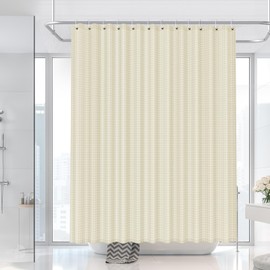 LUKDUNG Waffle Shower Curtain, 180 x 200 cm, Waffle Shower Curtain, Washable Textile, Polyester Fabric Shower Curtain with 12 Shower Curtain Rings, Beige
