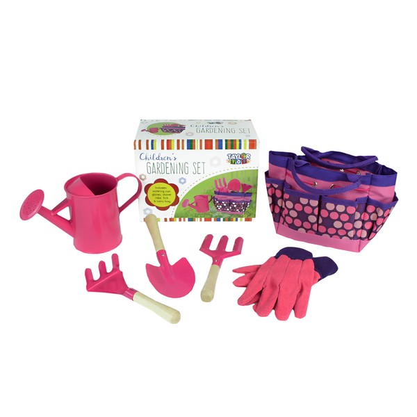 Taylor Toy Kids Pink Gardening Set, Outdoor Toys, Kids Shovel, Rakes, Watering Can, & Tool Bag Set, All Ages
