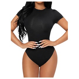 SHENHE Women's Round Neck Short Sleeve Shapewear for Tummy Control Seamless Tank Tops Body Shaper T Shirts Bodysuits Black Petite M