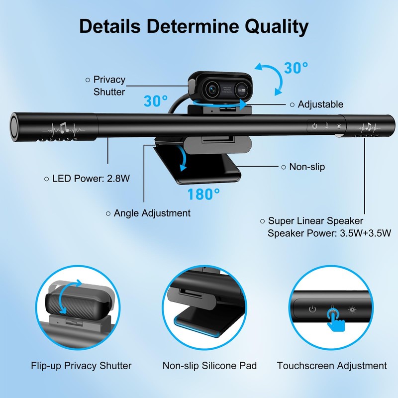 4K Webcam for PC with Microphone&Light,4-in-1 Web Cam with Speaker,Dual