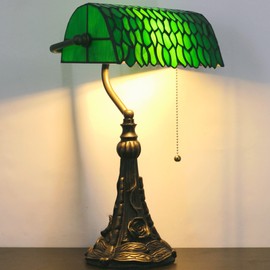 Tiffany Banker Lamp Small Stained Glass Table Lamp Tiffany Style Piano Light Green Wisteria Leaf Style Desk Lamp Angle Adjustable 10.6X15.7 Inch for Home Office Living Room Bedroom