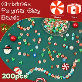 Gushu 200 Christmas Polymer Clay Beads Charms for Making Bracelets, 10mm Cute Flat Spacer Clay Heishi Christmas Beads for Women Jewelry Making DIY
