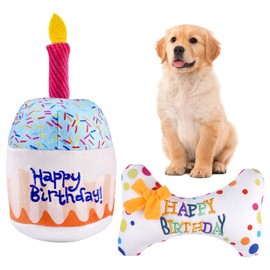 2 Stück Hund Geburtstag Spielzeug Set, Hundespielzeug Geburtstag Hund Weiches, Dauerhaft Hunde Geburtstags Plüschtier, EIN Geburtstagsgeschenk für Kleine und Mittlere Hunde (Kuchen und Knochen)