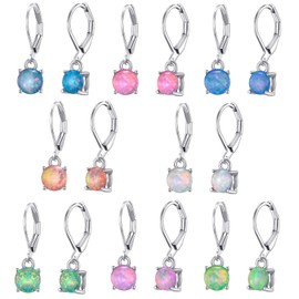 8 Pairs Silver Small Hoop Earrings with Charm for Women-Opal Leverback Earrings for women -6mm Opal Earrings Pack for -s Dangle Earrings for Women -Dainty Earrings- Cute Earrings for Women