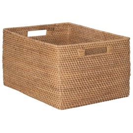 KOUBOO Loma Rectangular Rattan Storage Basket with Cut-Out Handles, Coastal-Inspired Handwoven Rattan Basket for Home Organizer & Décor, Household Basket Box Honey-Brown