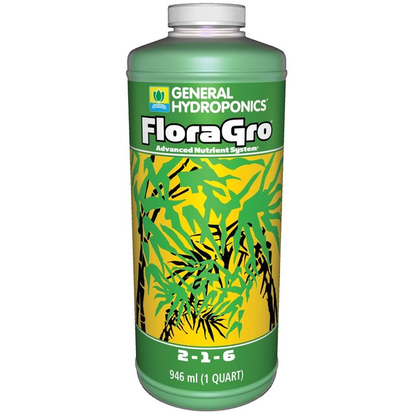 General Hydroponics FloraGro 2-1-6, Use With FloraMicro & FloraBloom, Provides Nutrients For Structural & Foliar Growth, Ideal For Hydroponics, 1-Quart