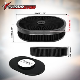 RYANSTAR RACING 12" x 2" Oval Air Filter Assembly Kit Includes Flow-Thru Lid Washable Air Filter Element Compatible with Chevy Ford GMC Black