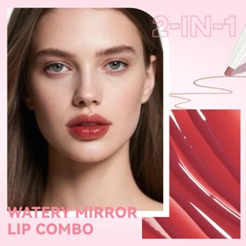 HOSAILY Hydrating Glossy Lip Stain with Lip Liner Combo Set, Double Ended Moisturizing Lip Tint Long Lasting High Shine Plumping Lip Gloss for Women, Waterproof Rose Pink Liquid Lipstick Makeup Kit#01