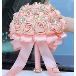 Ramo de Boda Nupcial de 7.5" Rosa Melocotón Redondo con Broche Brillante Ramo para Lanzar Rosas Artificiales Ramillete de Flores para Novia Dama de Honor Boda Quinceañera