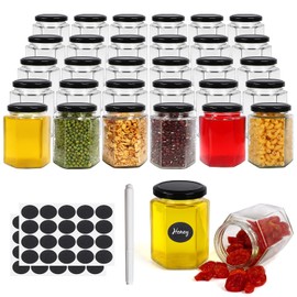 Betrome 6oz Hexagon Glass Jars, 30 Pack with Black Lids - 180ml Clear Glass Canning Jars for Honey, Spices, Jams, Shower Favors, Wedding Favors and Craft - Includes 1 Pen and Labels