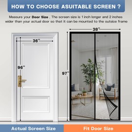 Magnetic Screen Door Mesh Curtain Fits Door Size 36" x 96",Actual Screen Size 38" x 97",Keeps Bugs Out Temporary Door Sliding - Self Sealing Magnets pet Screen for Door Black
