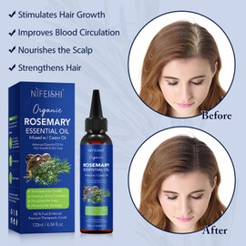Rosemary Essential Oil for Hair Growth, Scalp Massage and Body - 120ml Pure Organic Infusion with Castor Oil, Improves Blood Circulation, Reduces Hair Loss