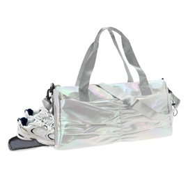 GLIDESMOOTH Travel Duffel Bag, Water Resistant Gym Bag, Travel Duffel Bag with Moisture Pocket, Carry-on Weekender Bag with Shoe Compartment, Silver