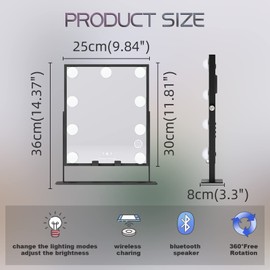 MISAVANITY Vanity Mirror with Lights Hollywood Mirror with Bluetooth and Wireless Charging,Smart Touch Control 3 Colors Lighting Modes, Detachable 10X Magnification, 360°Rotation, Black