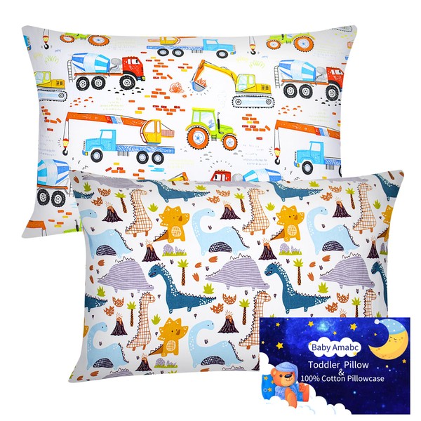 Baby Toddle Pillowcase 2 Pack 100% Cotton Pillow Cover, Cot Bed Pillow Pair Cases 40x60cm Gifts for Children's Day Dinosaur Construction vehicles