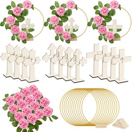 Wesiti 48 Pcs Baptism Centerpiece First Communion Table Decoration 12 Wood Cross 12 Floral Hoop with Stand 24 Foam Rose with Stem for Baptism Baby Shower Wedding(Wood and Pink,Stylish)