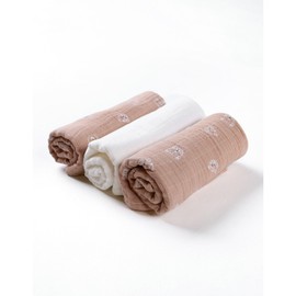 Noukie's - Pack of 3 Mix & Match Swaddles - Organic Muslin - Ecru/Pink - Cat Motifs