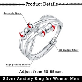 Zolkamery Silver Anxiety Rings, 925 Sterling Silver Women's Anxiety Ring, Open Adjustable Anti-Anxiety Decompression Rings, Infinity Spinner Fidget Ring with Band, Unisex Fidget Ring, Stress Rings