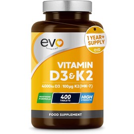 EVO NUTRITION Vitamin D3 4000iu & Vitamin K2 100ug MK7 | 400 Vegetarian Tablets - 1 Year Supply | Cholecalciferol & Menaquinone | Made in The UK