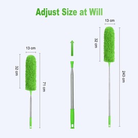 OFFCUP Telescopic Duster, Microfibre Duster, Up to 243 cm Length, Duster with Stainless Steel Telescopic Rod and Washable, Bendable Corner Broom Effortlessly Removes Dust for Blankets, Cobwebs (Green)