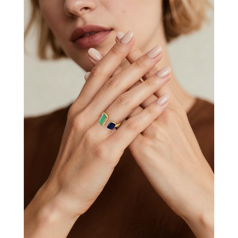 Aliyoham 14K Gold Plated Adjustable Enamel Ring for Women, Asymmetrical