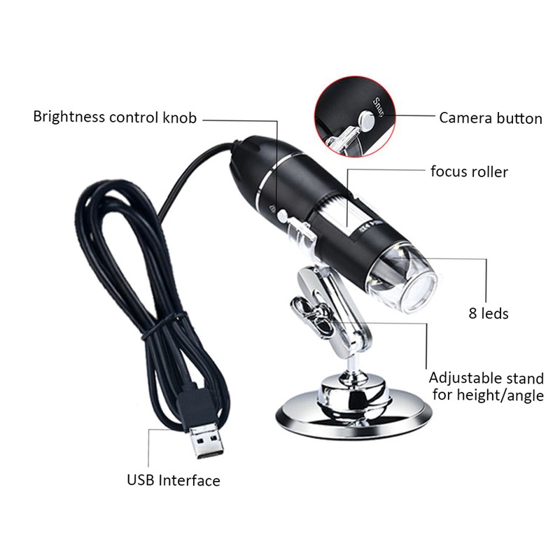 USB Digital Microscope 1600X Magnification Camera 8 LEDs with Stand