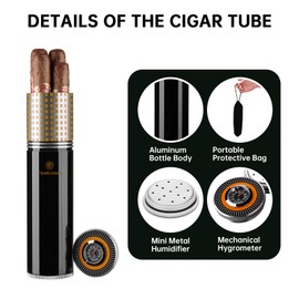 CLZOONG Travel Cigar Humidor Case/Box Stainless Steel Portable, Cigar Tube Cigars Jar Humidifiers Air Tight Lid, Smell Proof with Cigar Hygrometer and Humidifier for 3 to 4 Cigars (Black)