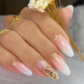 ANDGING Press on Nails Almond Short Medium Ombre Pink White Fake Nails Gel Glue on Nails with Bling Gold Leaf Design Acrylic False Nails for Wedding 24Pcs Manicure Women Stick on Nail with Glue AS68U