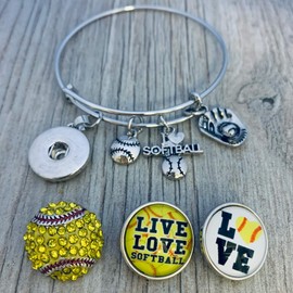 Sportybella Softball Interchangeable Snap Charm Bracelet- Girls Softball Jewelry - Gift For Softball Players