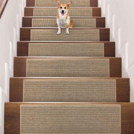 Seloom 9" x30" Stair Treads Non Slip Carpet for Wooden Steps Indoor, Peel and Stick Stair Tread Step Pads with Reusable Adhesive for Dogs Kids Elders, Machine Washable, 15 Pack, Beige