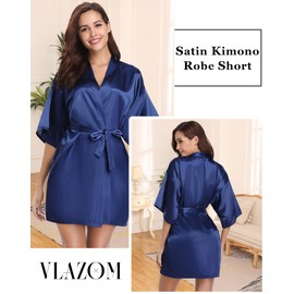 Vlazom Women's Kimono Robes Dressing Gown Satin Bathrobe Nightdress Pure Colour Short Style with Oblique V-Neck, S(UK 6), Dark Blue