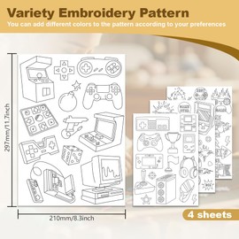 DOODLREAM 42Pcs Video Game Controller Embroidery Pattern Stabilizer, 21 x 29.7cm Game Over Soluble Stick and Stitch Embroidery Sticker, 4 Sheets Gamepad Water Hand Sewing DIY Embroidery Paper